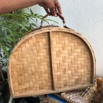 Large Vintage Gingham plaid wooden wicker woven picnic basket handbag duffle suitcase carryon leather handles #cottagecore #fairy #boho #indie Photo 2