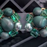 Vintage Clip On Earrings Made in Japan Shades of Green 1" Beaded Cluster Photo 0