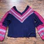 Free People • Copenhagen thermal knit top balloon sleeve mixed media navy red Photo 2