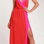 Lulus Bright Side Coral Red Color Block Maxi Dress Size Small Photo 0
