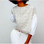 ZARA Tweed Fringe Boxy Crop Top White Black Balloon Sleeve Blouse XL Textured Photo 1