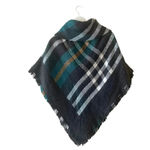 Modena Women Turtle Neck Knit Fringe Plaid Poncho Cape Soft Shawl One Size Blue Photo 2