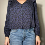Marine layer  Blue Leopard Print Cropped Button Up Longsleeve Shirt Size Small Photo 0