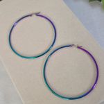 Large Stainless Steel Hoop Earrings Iridescent Rainbow Blue Photo 0