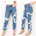 NEW Levi's 501 Crop Paint by Number Flower Wavy Lined Straight Jeans 28 x 26” Blue Photo 1