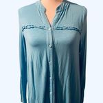 Soft Surroundings Women’s  Blue Long Sleeve Button Down Shirt With Ruffles On Hem Photo 4