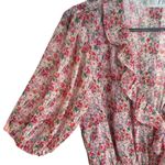 Fray Boutique Women’s Size M Wrap Front Chiffon Ruffle Mini Dress Red Rose Print Pink Size M Photo 3