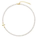 Elegant Gold and White Pearl Necklace with Cross Pendant Photo 1
