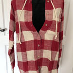 American Eagle  AEO Womens Shirt‎ S Red Check Hooded Full Button Down Long Sleeve Photo 0