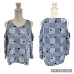 Crown & Ivy  Blue White Cold Shoulder Round Neck Diamond Print Top Size Medium Photo 1