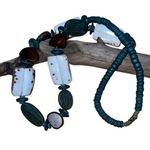 Wood & Beach Shell Long Blue & Brown Women’s Vintage statement Necklace Black Photo 0