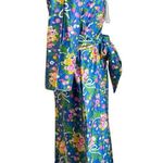 Vintage David Brown Floral Bouquet Cotton Zip Up Belted Caftan Dress Size Small Blue Photo 2