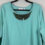 Quacker Factory  Womens Top 2X Blue‎ Sequin 3/4 Sleeve Blouse 100% Cotton Mature Photo 1