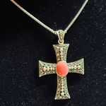 Elegant Sterling Silver Cross Pendant Necklace with Coral and Marcasite Photo 1