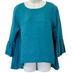 Bryn Walker  Blue Turquoise Linen Bell Sleeve Scoop Neck Hi-Low Blouse size L Photo 0
