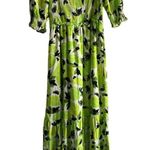 Steve Madden NEW Lime Green Print, Ruffle Short Sleeves, Ruched Midi Dress Photo 3
