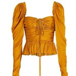 Ulla Johnson Mirelle Plisse Satin Peplum Mustard Long Sleeve Ruched blouse NEW Photo 1