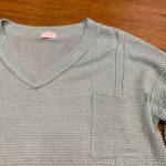 Pink Lily Waffle Knit Top Womens Large Blue Balloon Sleeve V-Neck Oversized Photo 1