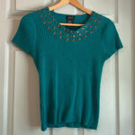 R.Q.T. Women's L Vintage Y2K Teal Embellished Stretchy Ribbed Knit Sweater Top Blue Size L Photo 0