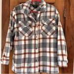 HFX Flannel Jacket Women's Medium Gray Orange Plaid Wool Blend Snap Shacket Photo 0