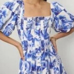Caroline Constas white blue linen blend Garden tile Farm mini dress Sz 6 Party Photo 1