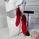Boho Long Red Real Feather Earrings Photo 1