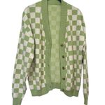 Green and White Checkered Knit Cardigan S Oversized Photo 0