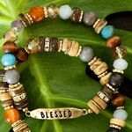 Source Unknown "Blessed" Bar Charm Beaded Stretch Bracelet with wood, glass, and crystal beads Photo 0