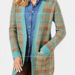 Talbots Bird's Eye Plaid Open Front Long Cardigan NEW Blue Brown Tan School Work Photo 0