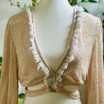 Willow + Root Crochet Fringe Trim Bell Sleeve Tie-Front Top – Size Small Photo 1