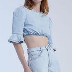 We Wore What NEW Cropped Light Wash Denim Women Medium 1/2 Sleeve Revolve Top Photo 0