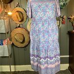 THML  Purple Pink Square Neck Tropical Flamingo Floral Midi Dress Large Photo 13