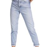 Topshop High Rise Mom Jeans Blue Light Wash Fading Whiskering Above Ankle Length Photo 8