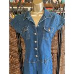Size S//Vintage 90s Short Sleeve Cropped Leg Raw Hem Denim Jumpsuit Blue Photo 4