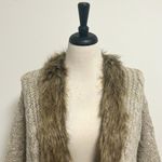 XOXO  Oat Beige Cable Knit Faux Fur Trim Dolman Hi Lo Open Front Cardigan Medium Photo 2