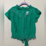 NWT MINE SHORT SLEEVE BLOUSE Elegant Green Lace Trim Top Size L Photo 1