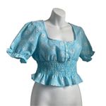 Y2K Gingham Daisy Smocked Cottage Core Short Sleeve Crop Top Medium Blue Photo 1