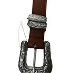 Brushed silver buckle smooth leather belt Brown Photo 6