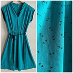Vintage 70s 80s Teal Comma Print Dress w/ Double Rope Tie Belt quirky unique Blue Photo 10
