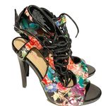Just Fab Size 7 Black Floral Lace Up Open Toe Heels Shoes Photo 2