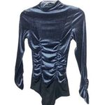 ZARA Velvet Glitter Ruched Longsleeve Mock Neck Bodysuit Snap Crotch M Navy Blue Photo 0