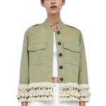 ZARA Tassel Pom Crochet Fringe Boho Utility Jacket Green Size XS Photo 1