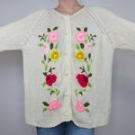 Vintage 60s Floral Embroidered Knit Cardigan Sweater Size L Photo 0