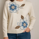 Alfred Dunner  Sweater M White Blue‎ Floral Embroidered Beaded Cottagecore Photo 0