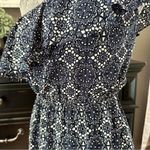 Allison Joy  One Shoulder Ruffle Navy White Print Sundress Size M Photo 7