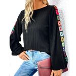Floral Embroidered Ribbed Long Sleeve Crew Neck Blouse Black size 4 Photo 2