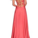 La Femme  28571 Deep V Faux Wrap Neck Lace-Up Back Satin Dress Photo 10