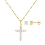 NWT Fine Silver Plated Cubic Zirconia Stud Earrings Cross Pendant Necklace Set Gold Photo 1