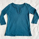 Loft  Beaded Split-Neck Tunic Womens Size M Teal Boho Western Coastal Cowgirl Top Photo 0