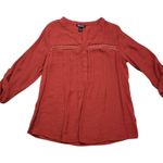 BYdesign Tunic Blouse Large Orange Crochet Roll Tab Long Sleeve V Photo 1